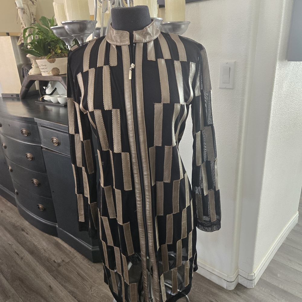 Black and Gold Sheer Geometric Zip-Front Dress